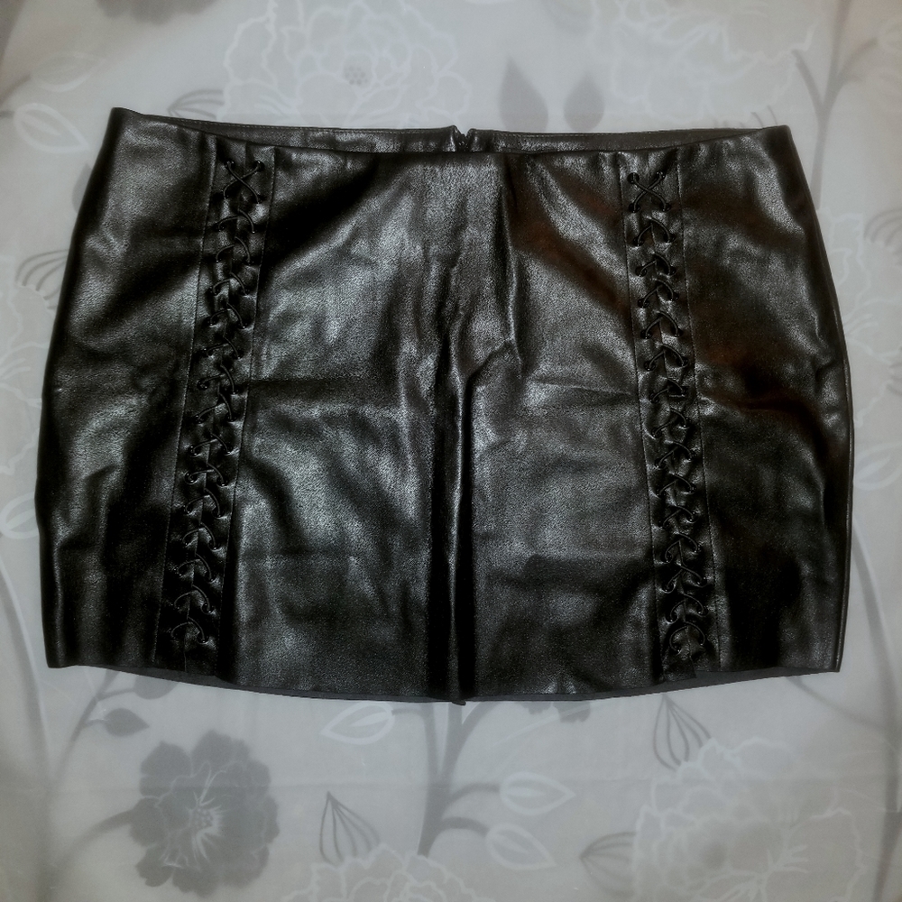 Rue 21 Sexy Black Faux Leather Lace Up Mini Skirt
